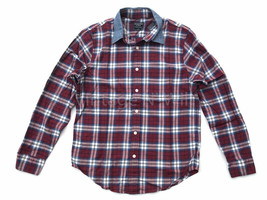 Abercrombie Fitch Mens Red/ White Check Plaid Contrast Blue Denim Collar Shirt - £29.62 GBP