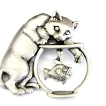 JJ Jonette Pewter Cat Catching A Dangling Fish From The Fishbowl Brooch Pin - $13.17