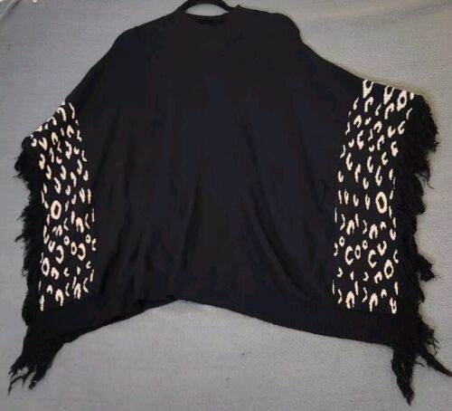 Mittoshop Black Animal Print Kimono Sweater Shawl Cape Soft Fringe Size ... - $15.00