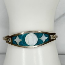 Vintage Alpaca Silver Tone Mother of Pearl Shell Inlay Hinge Bangle Bracelet - £19.38 GBP