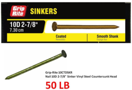 Sinker Nails 10D X 2-7/8&quot; 11-Ga Countersunk-Head Steel 50 lb, Grip-Rite ... - $70.28