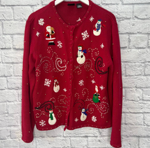 Erika Christmas Cardigan Sweater Beaded Embroidered Size L Snowman Santa Red - £27.74 GBP