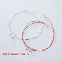925 Sterling Silver Diamond and Heart Bracelet Rose Gold Plated Double Layer Cha - £93.57 GBP