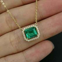 1.10Ct Green Emerald Cut Halo Pendant Necklace 14K Yellow Gold Over - £72.97 GBP