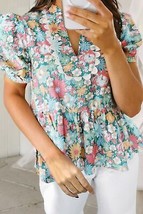 Printed Notched Short Sleeve Blouse - $29.12