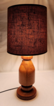 Table Lamp Turned Wooden Base 27&quot; W Burlap Shade Vtg MCM Danish Rustic Cottage - £70.18 GBP