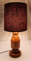 Table Lamp Turned Wooden Base 27&quot; W Burlap Shade Vtg MCM Danish Rustic Cottage - $89.10