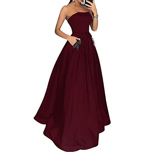 Kivary Strapless Beaded Pockets Satin Long Formal Evening Prom Dresses Burgundy