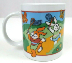 Vintage Easter Bunny Catching Butterflies 3.75&quot; Coffee Cup Mug - £4.64 GBP
