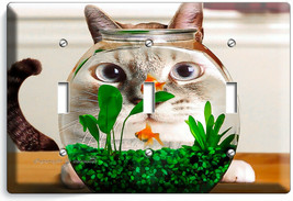 Funny Cat Watching Gold Fish Aquarium Light Switch 3 Gang Wall Plates Room Decor - $16.73