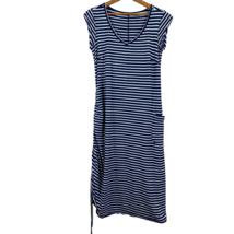 Toad &amp; Co Dress Small Midi Stripe Navy Blue White Muse Scrunch Ruched Tie V-Neck - £35.54 GBP