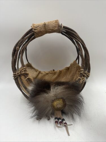 Southwestern Native American Hand Woven SUN SPIRIT BASKET Fur Feathers B... - $77.39
