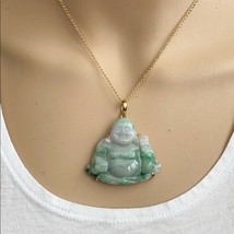 14K Solid Real Gold Natural Jadeite Jade Happy Laughing Buddha Pendant 705 - £745.67 GBP