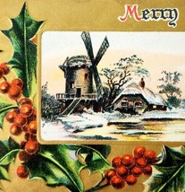 Merry Christmas 1910 Greeting Postcard Embossed Windmill Gold Farmhouse PCBG6B - £23.66 GBP
