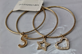Liz Claiborne Gold Tone Bangle Bracelets Set of 3 Twist Rhinestone Heart... - £11.93 GBP