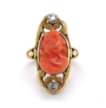 Authenticity Guarantee 
Art Nouveau Genuine Natural Coral Cameo 14k Gold Ring... - £766.49 GBP