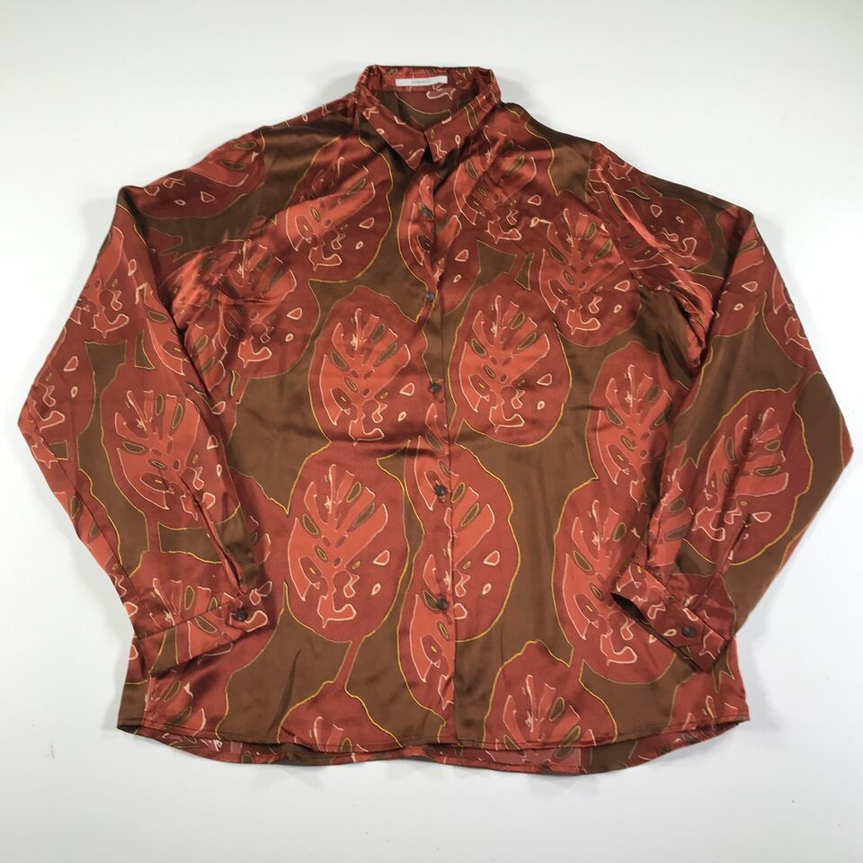 HUMANOID Womens Large Shirt Red Orange Brown Leaves Abstract Silk Button... - $128.69