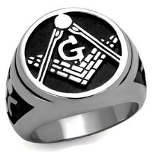 Men&#39;s Silver Stainless Steel Black Epoxy Masonic Freemason Ring Size 8 - 12 - £10.30 GBP