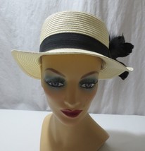 Vintage Paper Straw Boater Hat  with feathers - £19.98 GBP