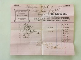 1871 antique H R LEWIS FURNITURE RECEIPT phila pa JOHN GYGER carpets oil... - $34.60