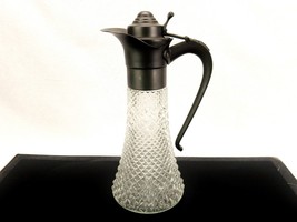 Vintage Glass Stein Pitcher, Pewter Lid &amp; Handle, Crosshatch Diamond Point - £53.94 GBP