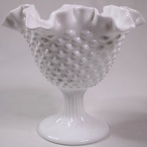 Vintage Fenton Hobnail White Milk Glass Ruffled Pedestal Bowl Candy Nut Dish - £11.43 GBP