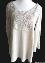 Soft Surroundings Blouse Size M Beige Flare Long Sleeve Embroidery 100% Cotton - £14.04 GBP