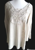 Soft Surroundings Blouse Size M Beige Flare Long Sleeve Embroidery 100% ... - $17.82