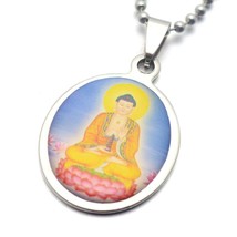 BUDDHA NECKLACE Stainless Steel Color Pendant 23&quot; Ball Chain Buddhist Jewelry - $8.95