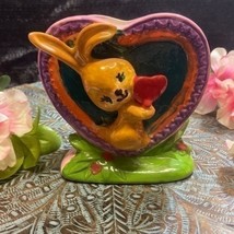 Hand Painted Flower Floral Vase 3D Bunny Holding Red Heart # 6322 - £15.00 GBP