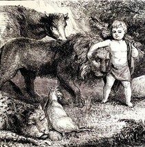 Child Leading Lion Wolf Lamb 1880 Millennium Victorian Woodcut Religious... - $59.99