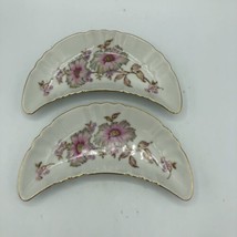 Pair of Mitterteich Bavaria Crescent Dish 6-1/2&quot; Long Pink Floral Germany 4257 - £14.91 GBP