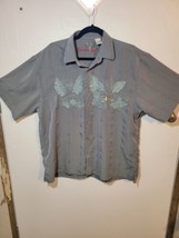 Bamboo Cay Wood Button Shirt Men Large Button Down Hawaiian Style Embroidered - £10.48 GBP