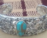 Tibetan Silver Cuff Bracelet ~ Turquoise &amp; Brown Stone ~ Leaf Design Wid... - $22.44