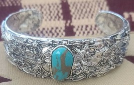 Tibetan Silver Cuff Bracelet ~ Turquoise &amp; Brown Stone ~ Leaf Design Wide Bangle - £17.93 GBP