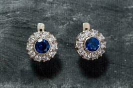 2Ct Round Cut CZ Blue Sapphire Diamond Stud Earring 14k White Gold Finish - £120.41 GBP