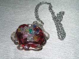 Vintage Large Handmade Melted Red &amp; Clear Plastic with Colorful Center Pendant - £6.09 GBP