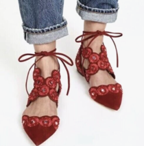 Tory Burch Sz 7 Yasmin D&#39;Orsay Flats Red Suede Strappy Sandals Shoes $398 NEW! - £87.46 GBP
