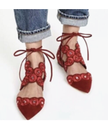 Tory Burch Sz 7 Yasmin D&#39;Orsay Flats Red Suede Strappy Sandals Shoes $39... - £86.03 GBP