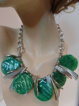 Green Leaf Necklace Abalone Type Shell Silvertone Adjustable 20&quot; - £16.07 GBP