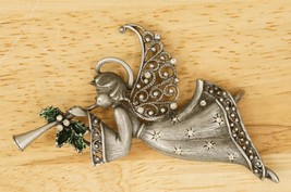 Vintage Costume Jewelry JJ Pewter Metal Rhinestone Christmas Angel Brooch Pin - £22.79 GBP