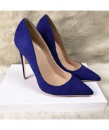 Solid Dark Blue Women Flock Pointed Toe High Heel Sythenic Suede Stilett... - £58.51 GBP