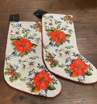 2 Tahari Embroidered  Stocking Christmas  New Beaded Poinsettia Holly Berry - £51.39 GBP