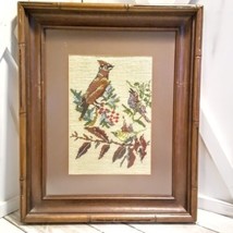 Vintage Needlepoint/Embroidery Bamboo Frame 3 Birds Perched On Branches 14x17 - £15.54 GBP