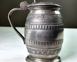 Antique Pewter Tankard Barrel Mug Hinged Lid M.R. 1860 Fancy Authentic D... - £78.62 GBP