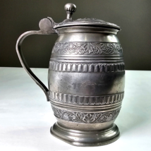 Antique Pewter Tankard Barrel Mug Hinged Lid M.R. 1860 Fancy Authentic D... - £78.44 GBP