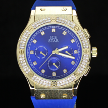 Mens 2 Row Round Big Face Bezel 44mm CZ Gold Plated Rubber BlueBand Quar... - $24.49