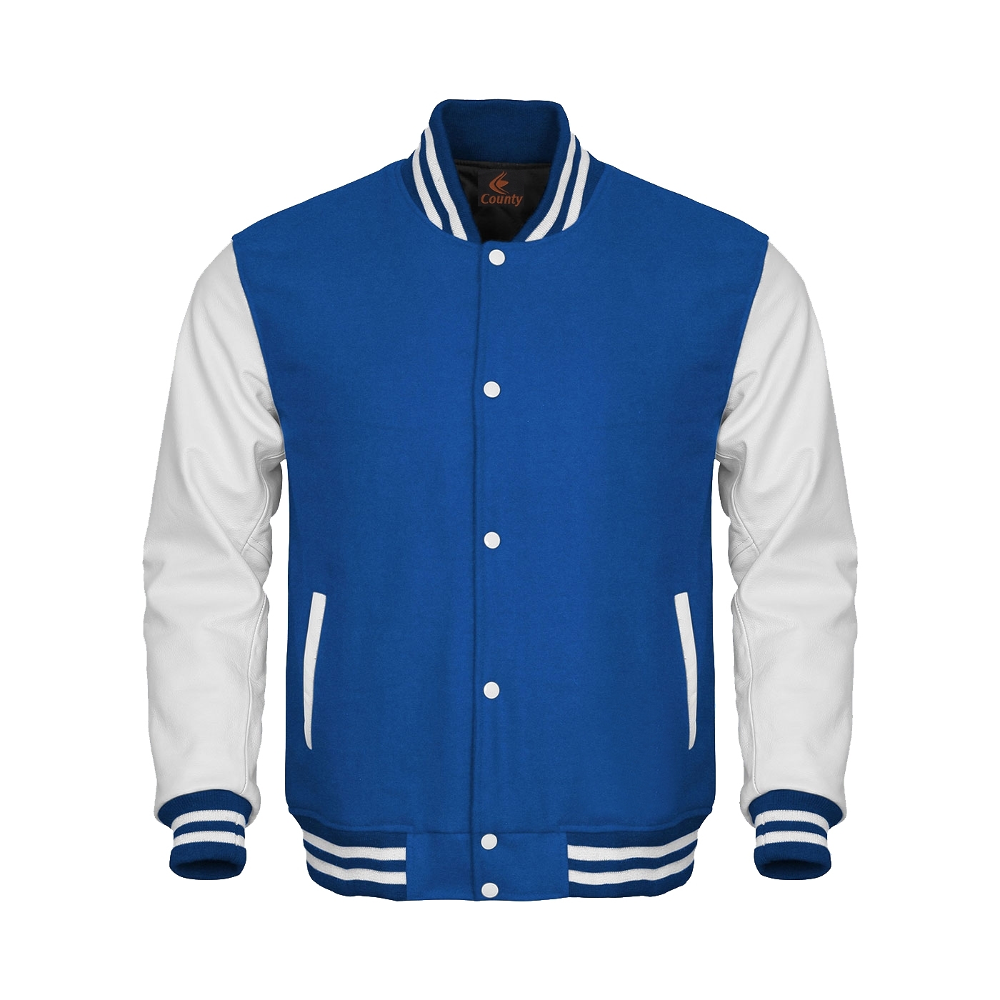 Bomber Varsity Letterman Baseball Jacket Royal Blue Body White Leather Sleeves