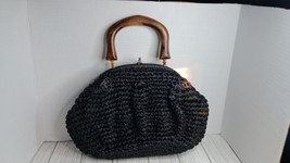 Vntg Rosenfeld Purse Women&#39;s Handbag, Black Raffia Straw Wood Handle Made Italy - £32.44 GBP