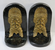 Vintage Chief Indian Head in Brass on Black Marble Bookends 9-1/4&quot; Tall 5-5/8&quot; W - £157.59 GBP